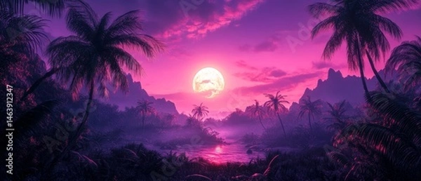 Fototapeta dramatic alien jungle where glowing plants tower over explorers navigating the mysterious terrain under a violet sky, Generative AI