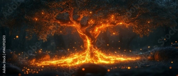 Fototapeta magical glowing tree in the heart of an enchanted forest with roots spreading light across the ground, Generative AI