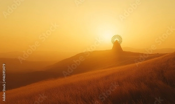 Fototapeta serene sunrise over rolling hills covered in golden grass with a lone windmill turning gently in the breeze, Generative AI