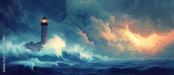 Fototapeta dramatic stormy sea with a lighthouse standing resolutely as waves crash against its base and thunder rumbles, Generative AI