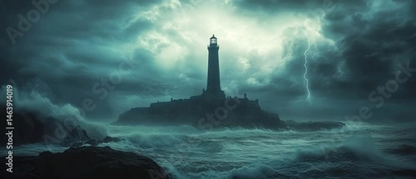 Fototapeta dramatic stormy sea with a lighthouse standing resolutely as waves crash against its base and thunder rumbles, Generative AI