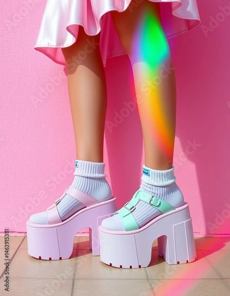 Fototapeta Vibrant platform sandals paired with white socks, creating a fun and trendy retro vibe. Stylish pastel footwear in a creative setting, showcasing fresh fashion trends with a playful and youthful look.