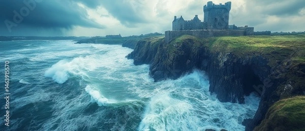 Fototapeta ancient castle on a cliff, overlooking a stormy sea with waves crashing against the rocks, Generative AI