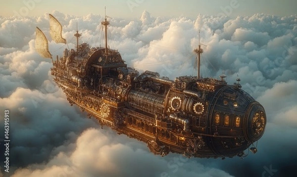 Fototapeta steampunk-inspired airship floating among the clouds, with gears and pipes adorning its hull, Generative AI