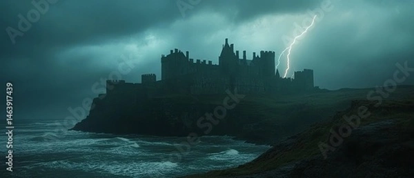 Fototapeta dramatic thunderstorm over a castle where lightning strikes illuminate the battlements, and waves crash against the cliffs, Generative AI