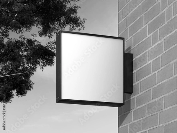 Fototapeta Blank Store Sign Mockup on Brick Wall with Trees 3D Rendering