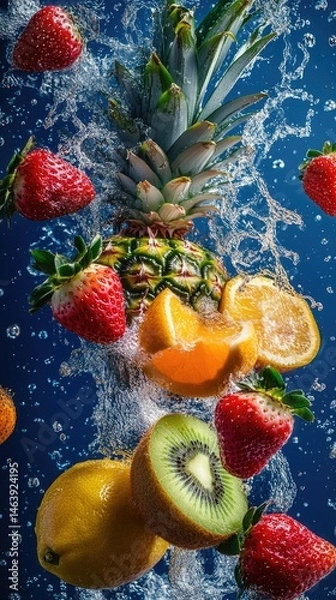 Fototapeta Fresh fruits in motion, splashing with water