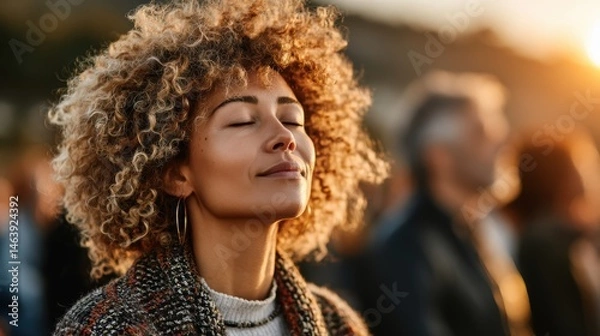 Obraz A group of friends meditating together outdoors, taking a moment to unwind and stay mentally healthy in a natural environment.