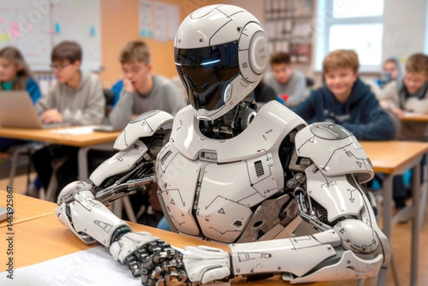 Fototapeta Schoolboy robot humanoid sits at a desk in a classroom. The concept of modern technologies, artificial intelligence in education and study