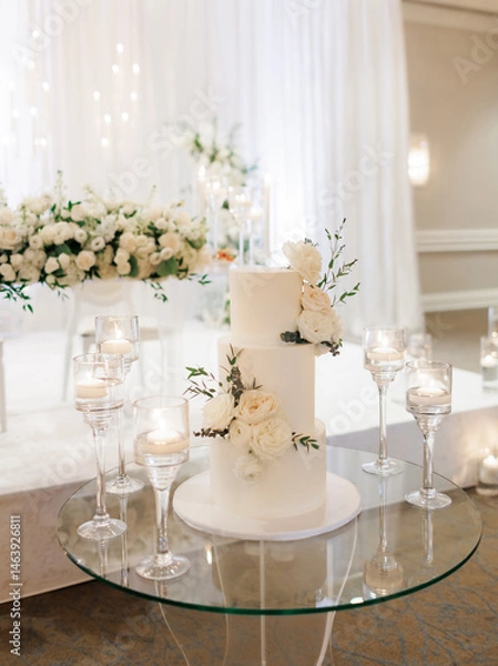 Obraz White wedding cake with fresh roses for the newlyweds. Three-tier minimalist wedding cake indoors. Cream cake in the center of romantic decorations on the wedding day, without people