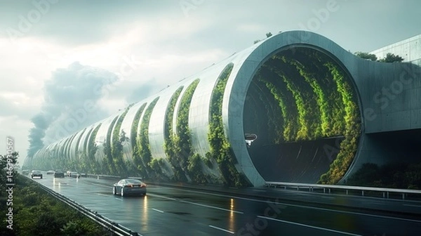Fototapeta A futuristic highway absorbing CO2 emissions and converting them into clean energy 