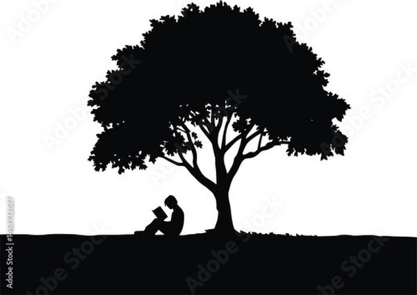 Fototapeta Silhouette of a person reading a book under a shaded tree against a white background