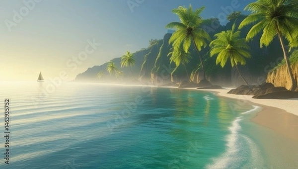 Fototapeta Tropical Island Coastline with Lush Cliffs and Azure Ocean