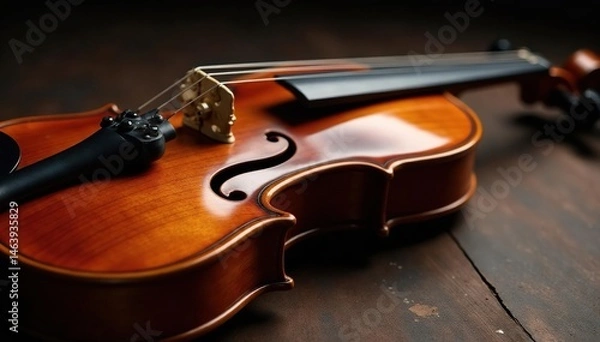 Fototapeta Side view of a polished violin, rich wood tones , curve, smooth
