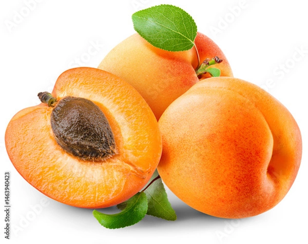 Fototapeta Apricot png. Apricots with a half an leaves isolated on white or transparent background. Apricot with kernel no background. Full depth of field. Transparent png.