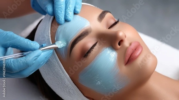 Obraz A close-up of an esthetician applying a blue jelly mask to a woman's face for skin care and treatment.