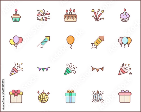 Fototapeta Birthday And party Icon Set. Vector collection of celebration, event, cake, Firecracker, invitation, letter, gift, festival, mirror ball and elements symbols or logo element.