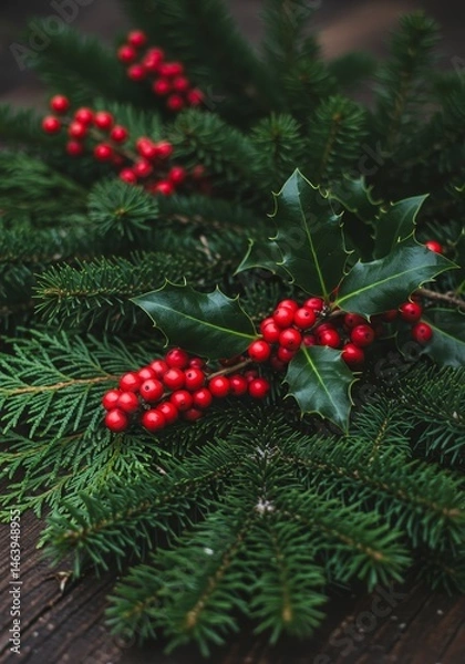 Fototapeta Holly Berries and Evergreen Branches on a Dark Wooden Table