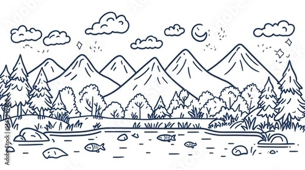 Obraz A stylized landscape featuring mountains, trees, a lake with fish, clouds, and a moon