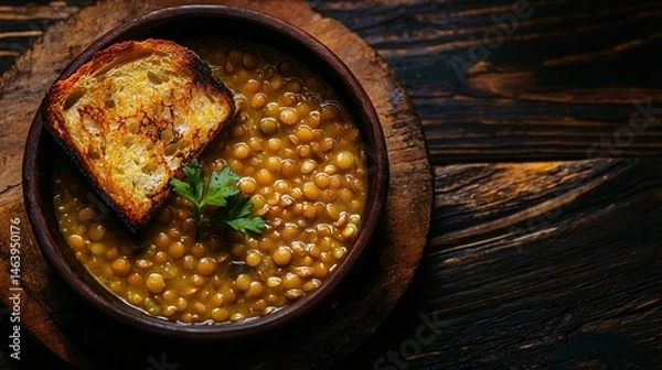 Fototapeta Hearty Lentil Soup with Toasted Crusty Bread served in a Rustic Bowl