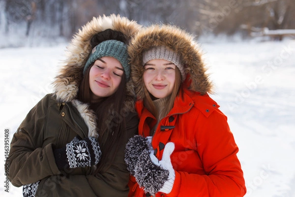 Fototapeta Two girls in winter, in warm clothes, enjoying the snow, outdoor. Cold time of the year, laughter and fun. Winter forest, white glade.