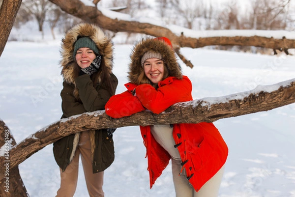 Fototapeta Two girls in winter, in warm clothes, enjoying the snow, outdoor. Cold time of the year, laughter and fun. Winter forest, white glade.