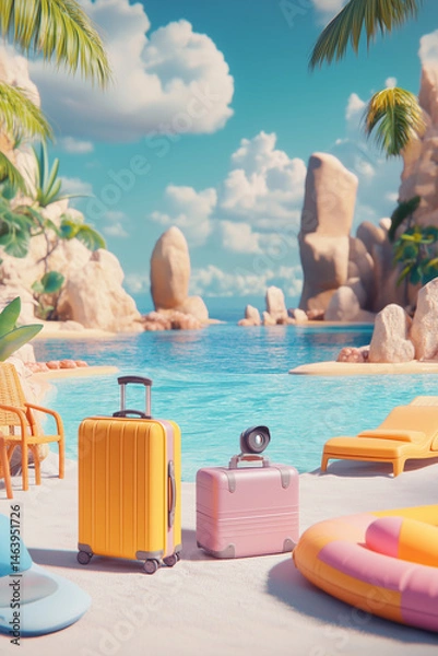 Fototapeta A vibrant beach scene with a stylized, playful vibe. Includes colorful items like a suitcase, inflatable ring, beach chair, and a camera, framed by palm trees and a bright ocean backdrop.