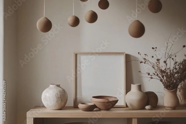 Fototapeta Neutral Decor Display On Wooden Shelf With Clay Pots And Dried Flowers