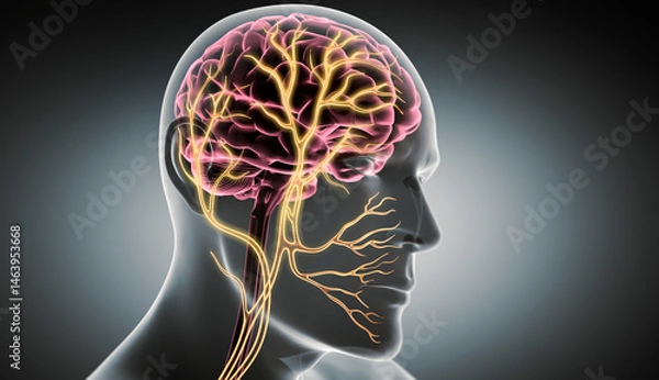 Fototapeta X Ray style 3D rendering of Vagus Nerve Stimulation with glowing nerve fibers - 3D illustration