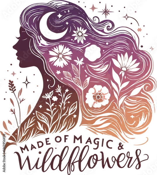 Fototapeta Artistic female silhouette blended with blooming wild flowers and flowing lines. Generative AI.