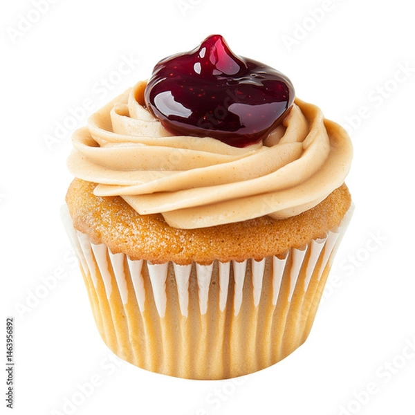 Fototapeta Vanilla cupcake topped with creamy swirl frosting and berry jam, isolated on white transparent background, concept of dessert.