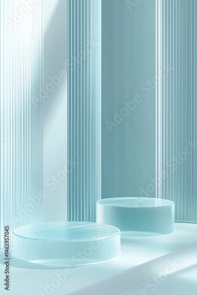 Fototapeta A minimalist abstract design featuring translucent glass like podiums with soft, vertical light blue lines in the background, creating a serene and modern atmosphere.

