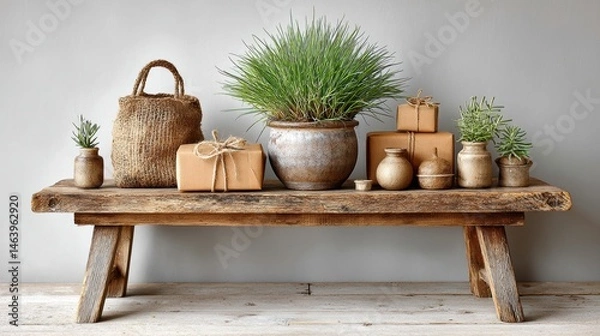 Obraz Eco-friendly minimalism a desk scene with recycled paper items and a sustainable plant in a simple environment
