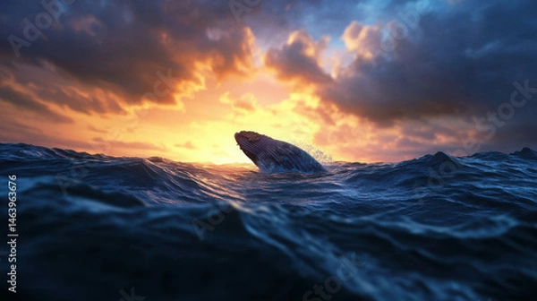 Fototapeta Majestic Whale Breaching at Sunset Over the Ocean Waves Against a Dramatic Sky