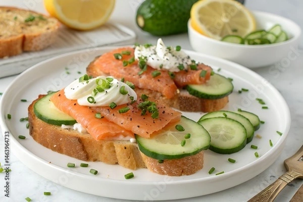 Fototapeta Delicious Smoked Salmon Open Sandwiches with Cream Cheese and Cucumber