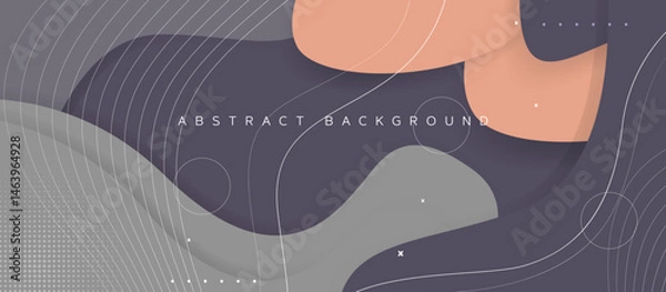 Fototapeta modern abstract layered background with fluid organic shapes in gray, dusky purple, and peachy orange, accented by white dashed lines