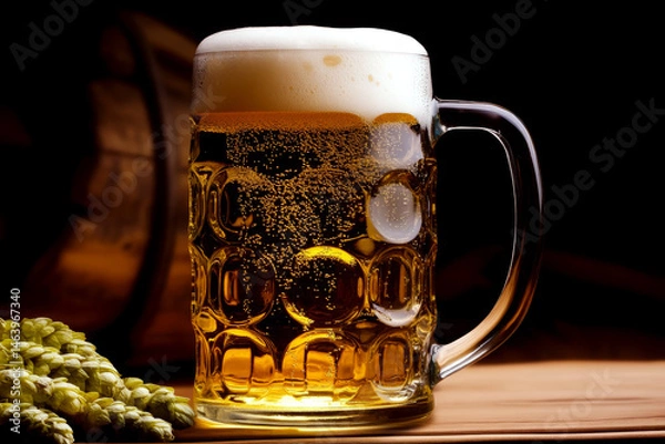 Fototapeta A frothy beer mug sits on a wooden table beside hops, with a dark background. Concept of refreshment, brewing. For beverage advertising