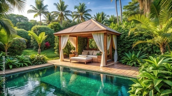 Obraz A serene and elegant cabana with a private pool and lush greenery, situated among tropical plants and flowers in a beautiful resort setting , landscaping, resort
