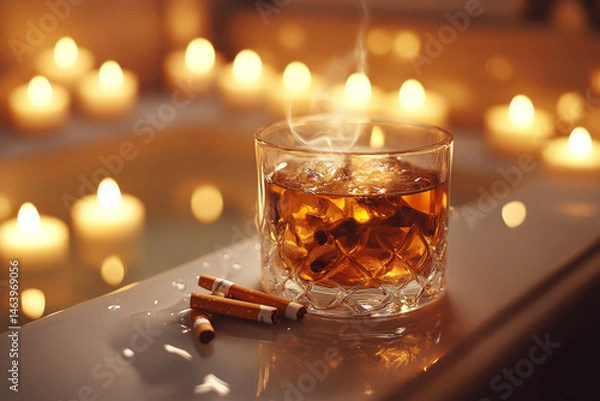Fototapeta A glass of amber liquid with ice and three cigarettes lie on a wet surface, surrounded by lit candles. Concept of relaxation and indulgence. For lifestyle photo.