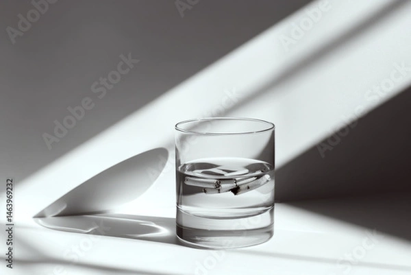 Fototapeta A measuring tape is submerged in a glass of water casting intricate shadows. Concept of precision and symmetry. For artistic and minimalist design.