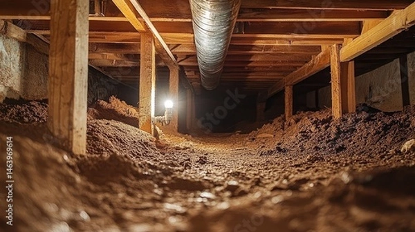 Fototapeta Low Angle Crawl Space With Ductwork, Wooden Framing, Insulation and Bulb Lighting