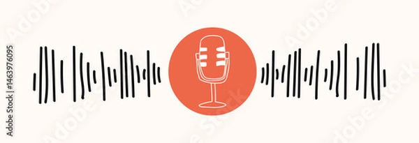 Fototapeta Minimal podcast or audio logo with a vintage microphone and waveform lines. Perfect for podcast covers, music branding, or sound related digital content