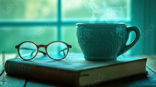 Obraz Serene Morning Warm Drink Book and Eyeglasses