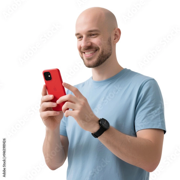 Obraz Man smiling using smartphone mobile phone app technology communication device  isolated on transparent background, no background