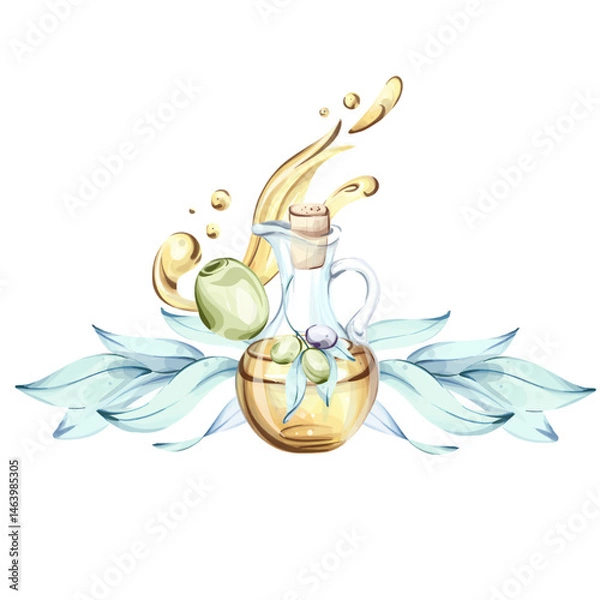 Fototapeta Exploring olive oil and olives through vibrant watercolor illustrations capturing the essence of Italian cuisine frame, border, arrangement