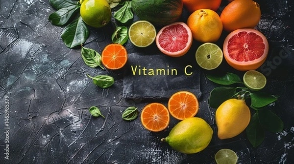 Fototapeta Top view of citrus fruits on dark textured background with minimalistic inscription "Vitamin C" in the center of the layout. Concept for advertising products with vitamin C