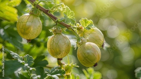 Fototapeta Macro image of fresh lingonberry on a branch in natural sunlight. Clear detail of the berry's surface, emphasis on the texture of the skin and the transparency of the fruit.