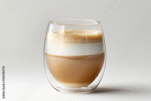Fototapeta Layered latte macchiato in a double-wall glass cup on white background. Minimalistic coffee drink photo with foam and milk layers.