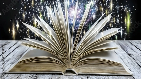 Fototapeta Open Book With Glowing Pages And Magic Sparks On Wooden Surface