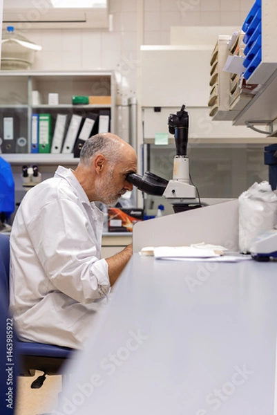 Fototapeta Researcher in a laboratory observing samples with a high-precision microscope